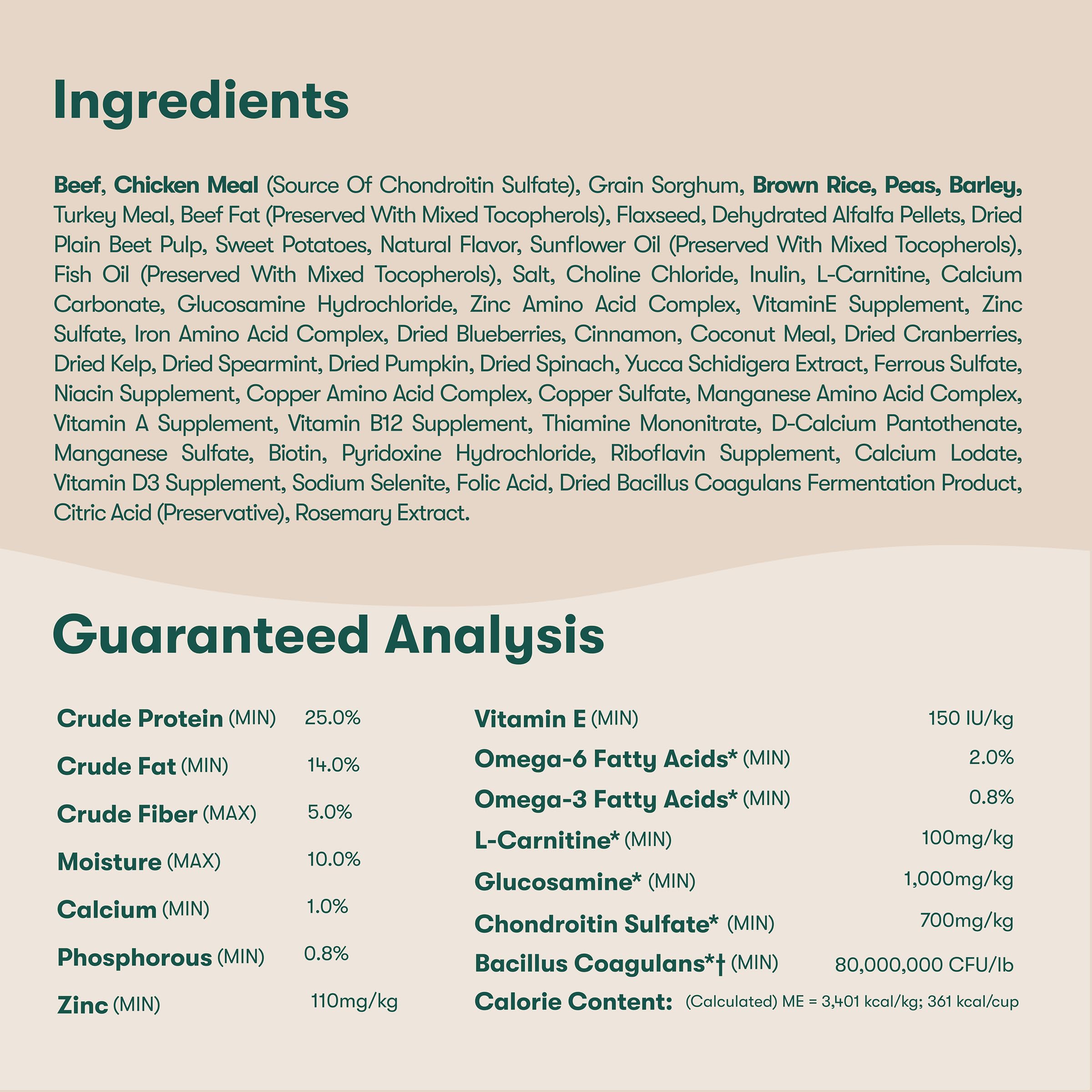 Jinx tableau nutritionnel lisible, informations d'analyse et composants clés