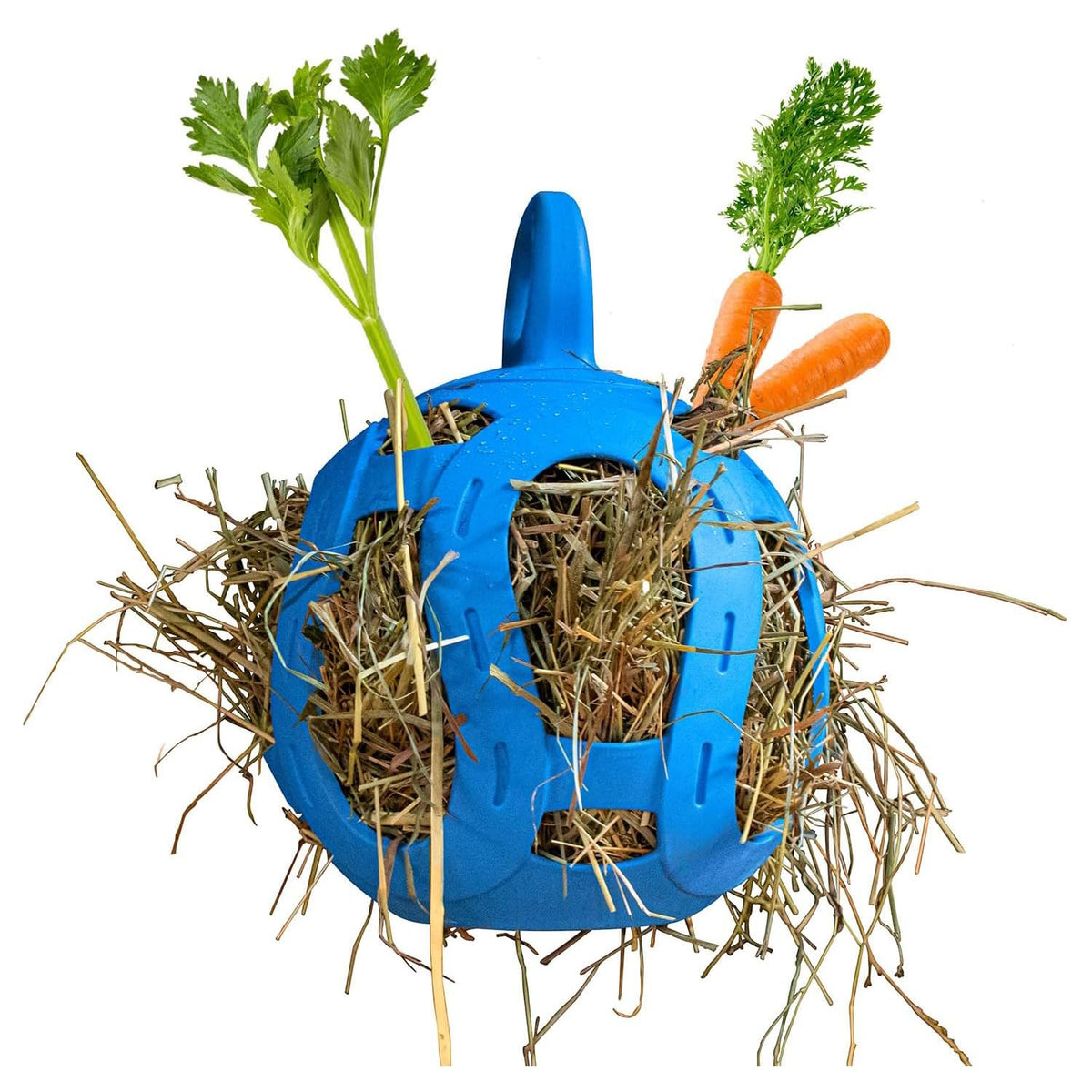 Jolly Pets vue frontale du Hay Ball bleu offrant stimulation alimentaire