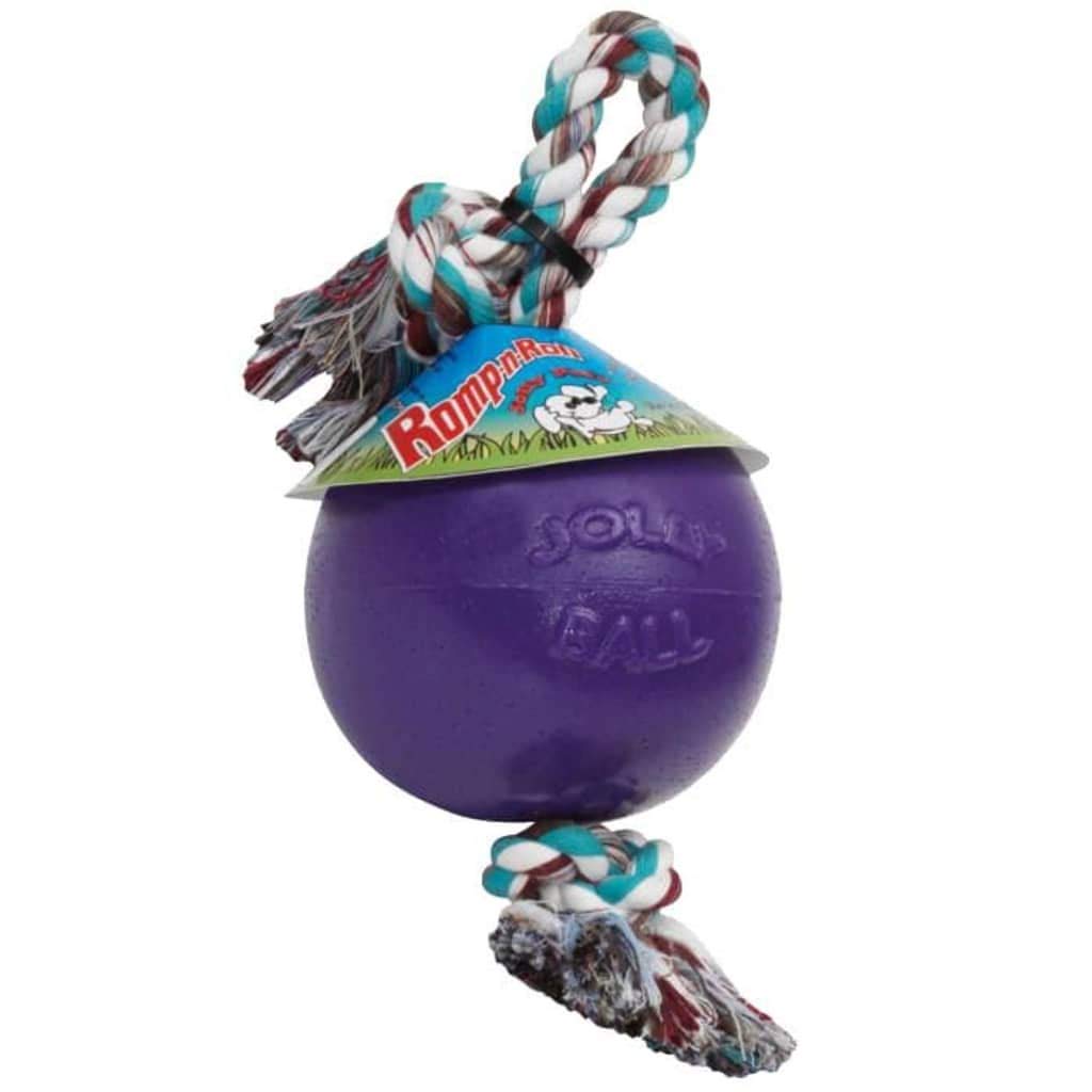 Jolly Pets face de l'emballage montrant la balle et la corde, attrayante et durable