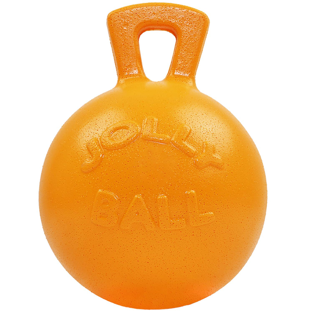 Jolly Pets balle Tug-n-Toss face avant montrant la poignée et la couleur orange, facilitant le lancer