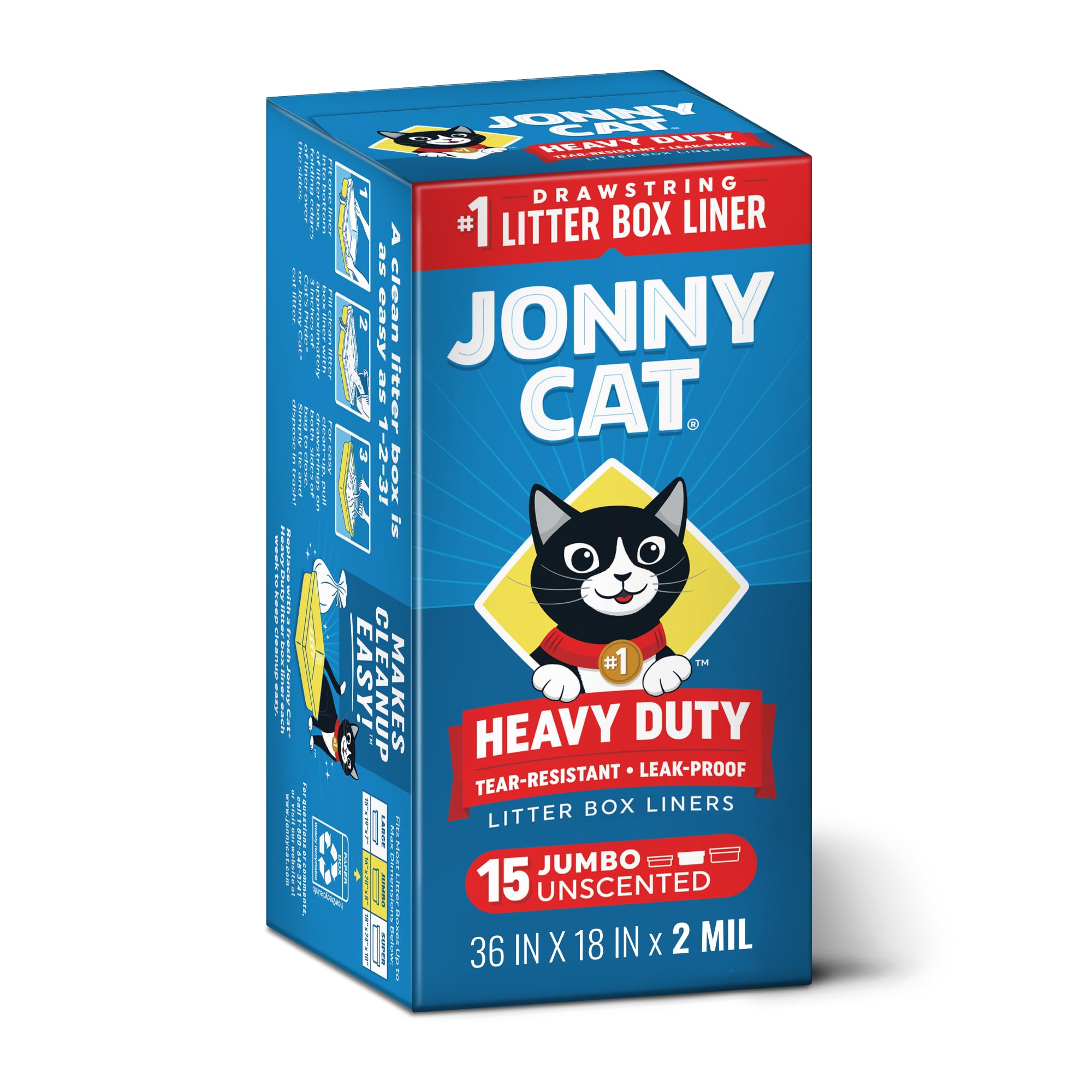 Jonny Cat face de la boîte jumbo montrant 15 unités et praticité