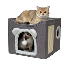 JUDERWOO vue de face du cube pour chats montrant l'entrée et le plateau supérieur, confort immédiat