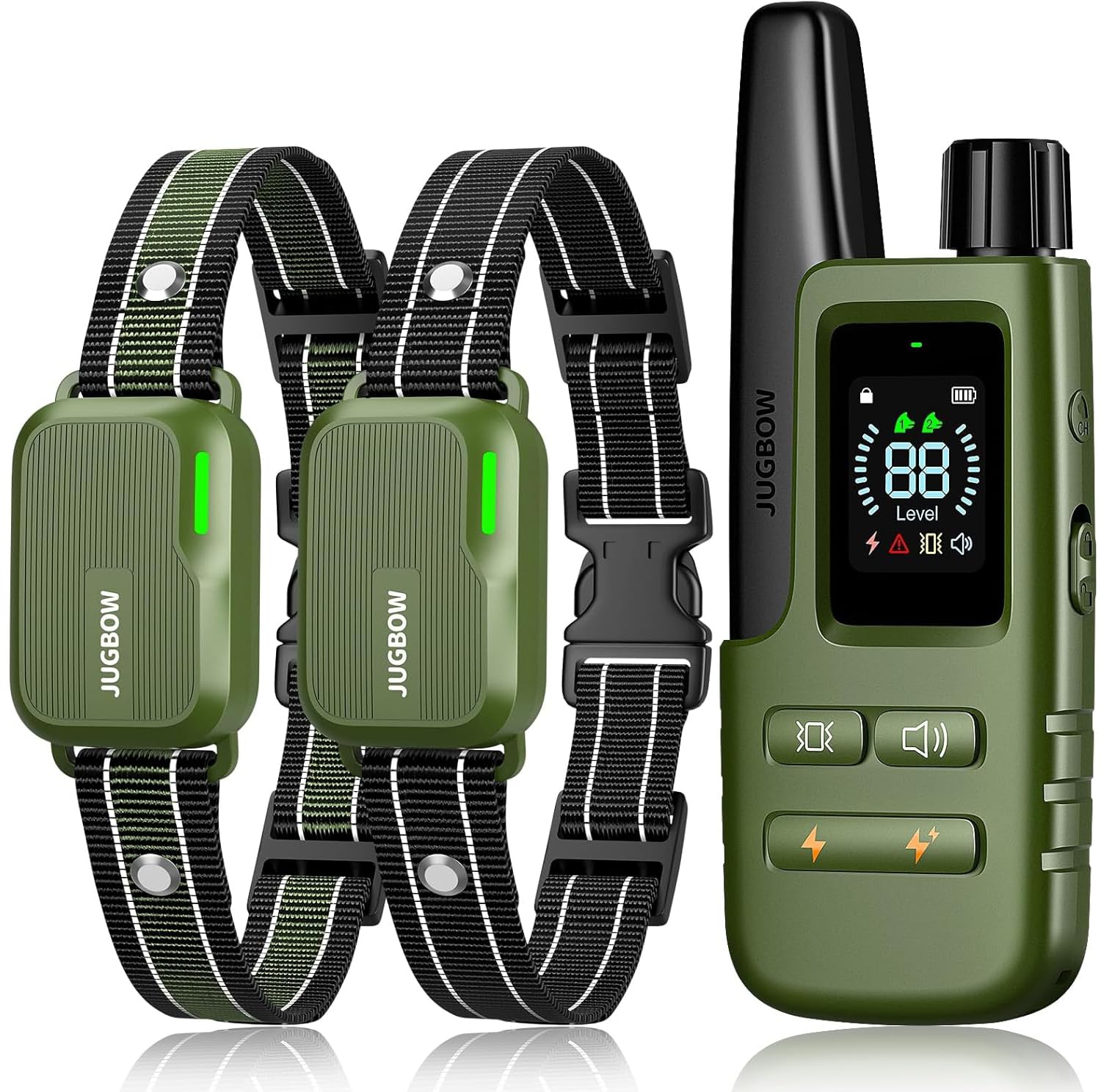 Jugbow télécommande et deux colliers montrant contrôle indépendant et ergonomie