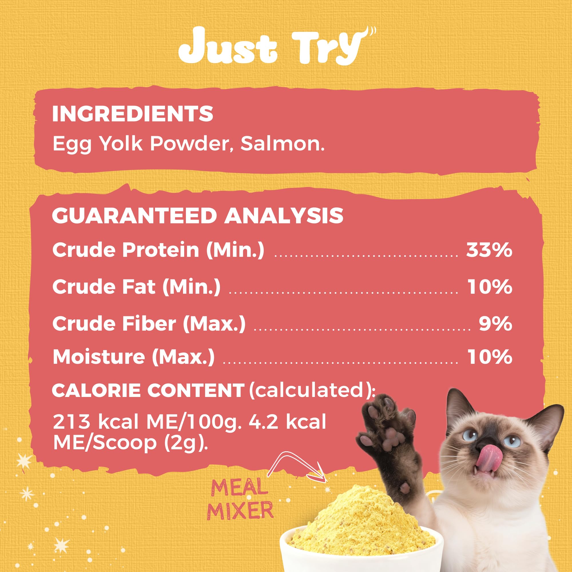 Just Try ingrédients : saumon et jaune d'œuf présentés, composition simple et transparente