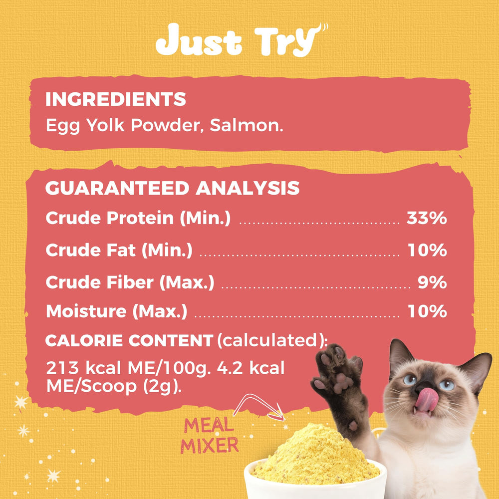 Just Try ingrédients : saumon et jaune d'œuf présentés, composition simple et transparente