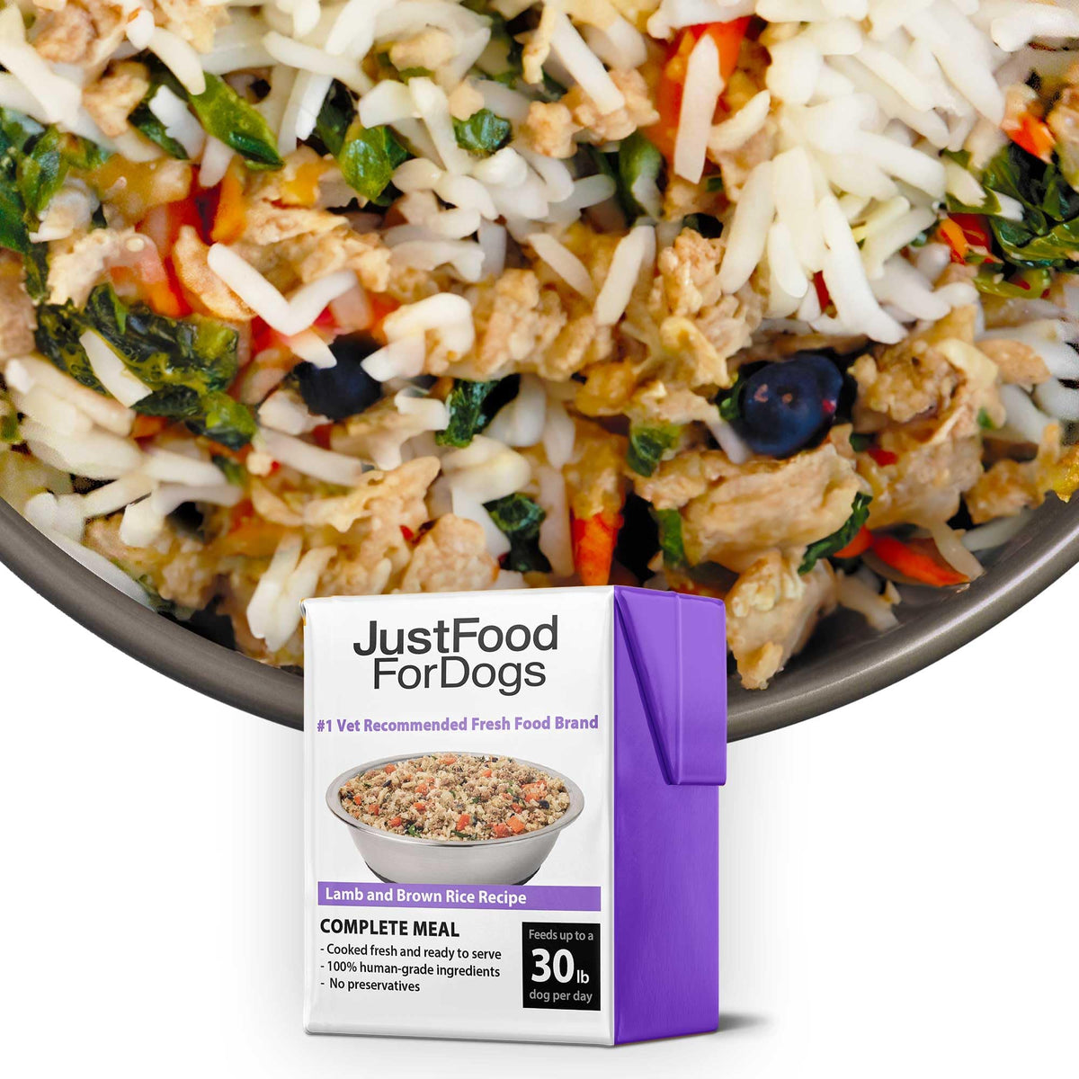 JustFoodForDogs emballage Lamb & Brown Rice montrant conservation sans conservateurs bénéfice praticité