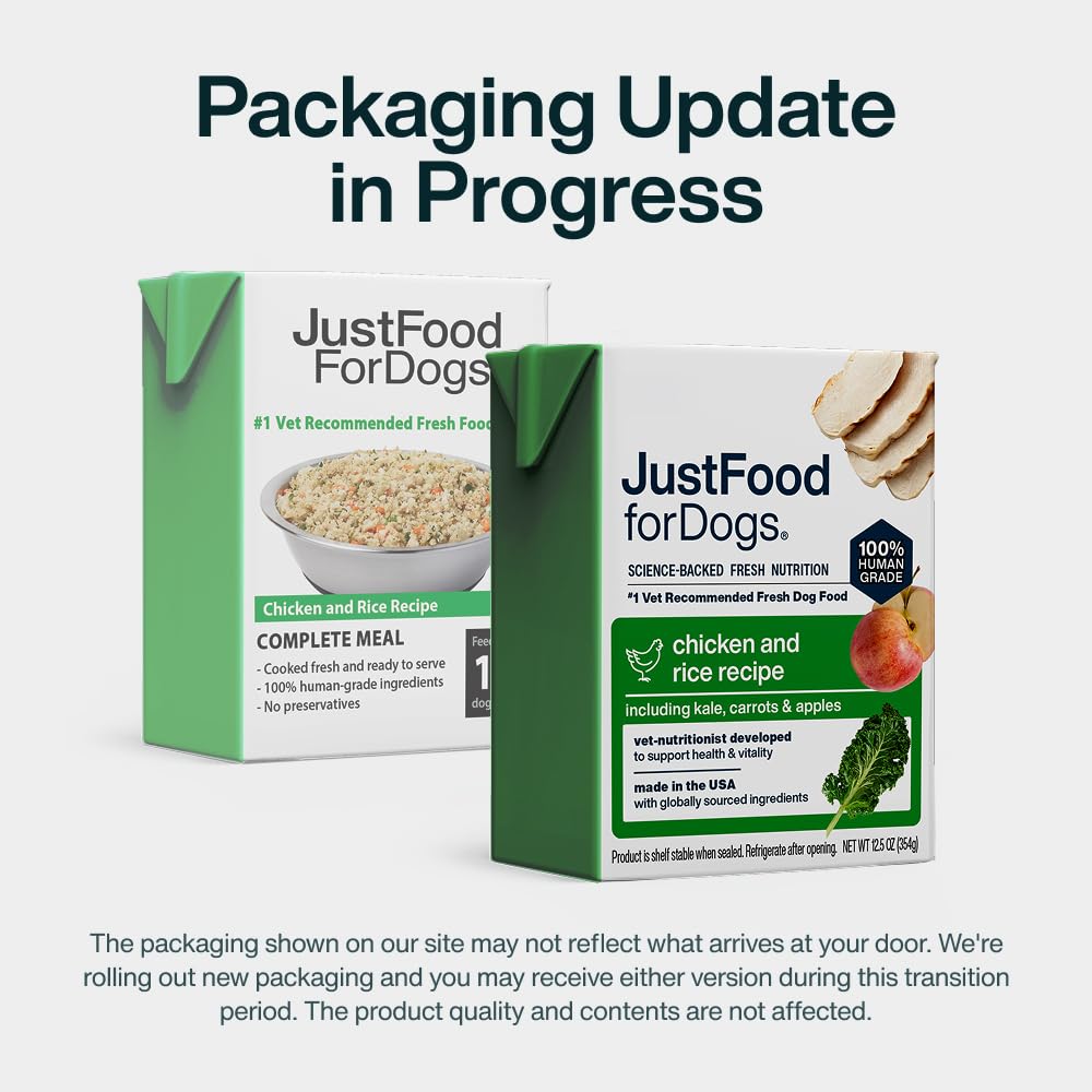 JustFoodForDogs brique avec étiquette lisible, bénéfice informations claires