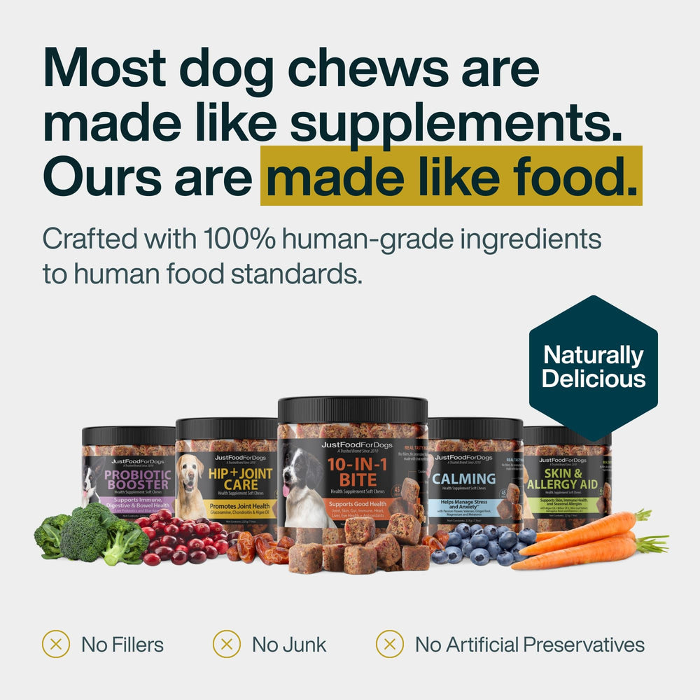 JustFoodForDogs chew donné à un chien actif pour soutenir mobilité et plaisir
