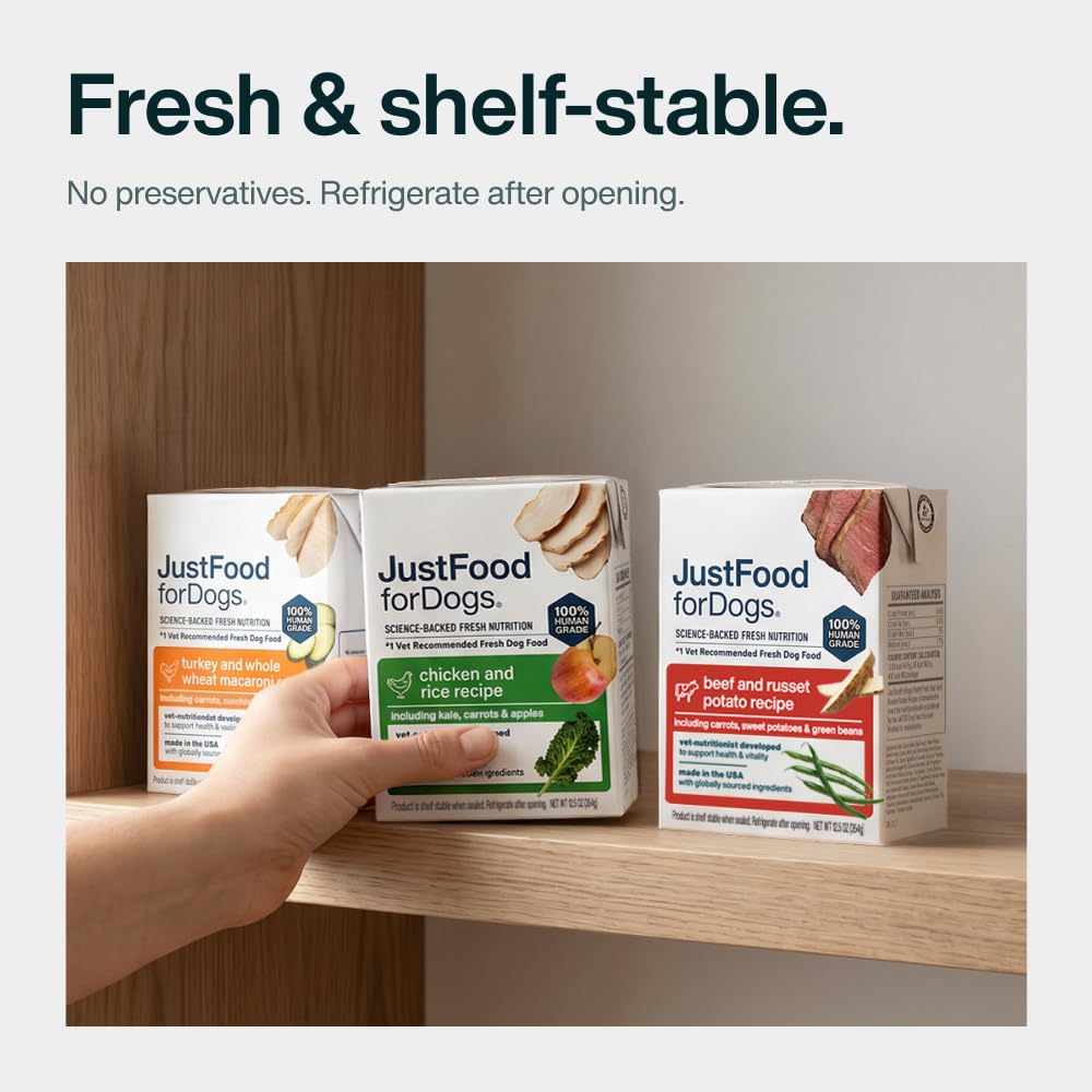 JustFoodForDogs brique à côté d’une main, bénéfice dimension pratique