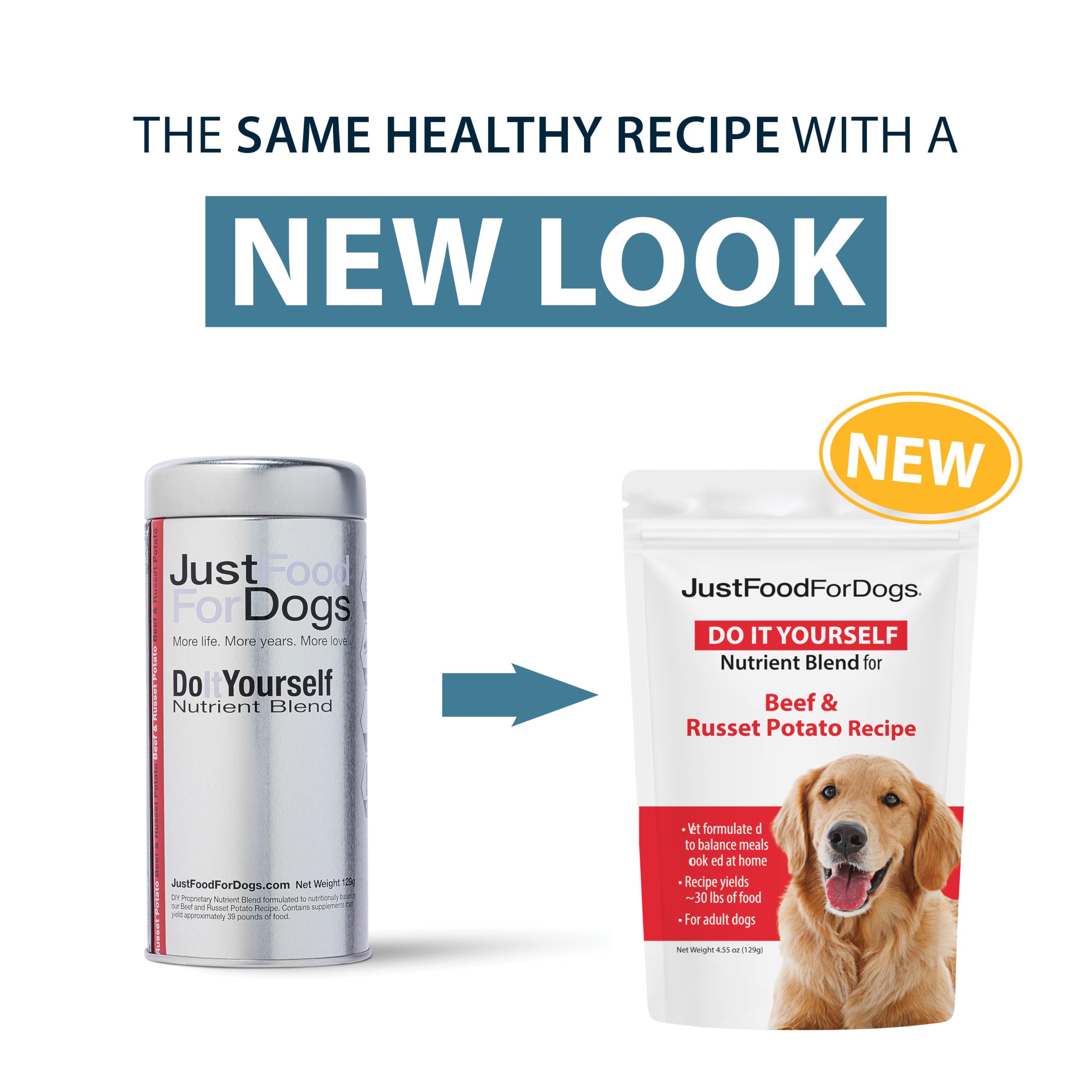 JustFoodForDogs emballage arrière avec étiquette et bénéfice informations complètes