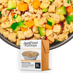 JustFoodForDogs emballage avant montrant recette dinde et macaroni, pratique pour portionner