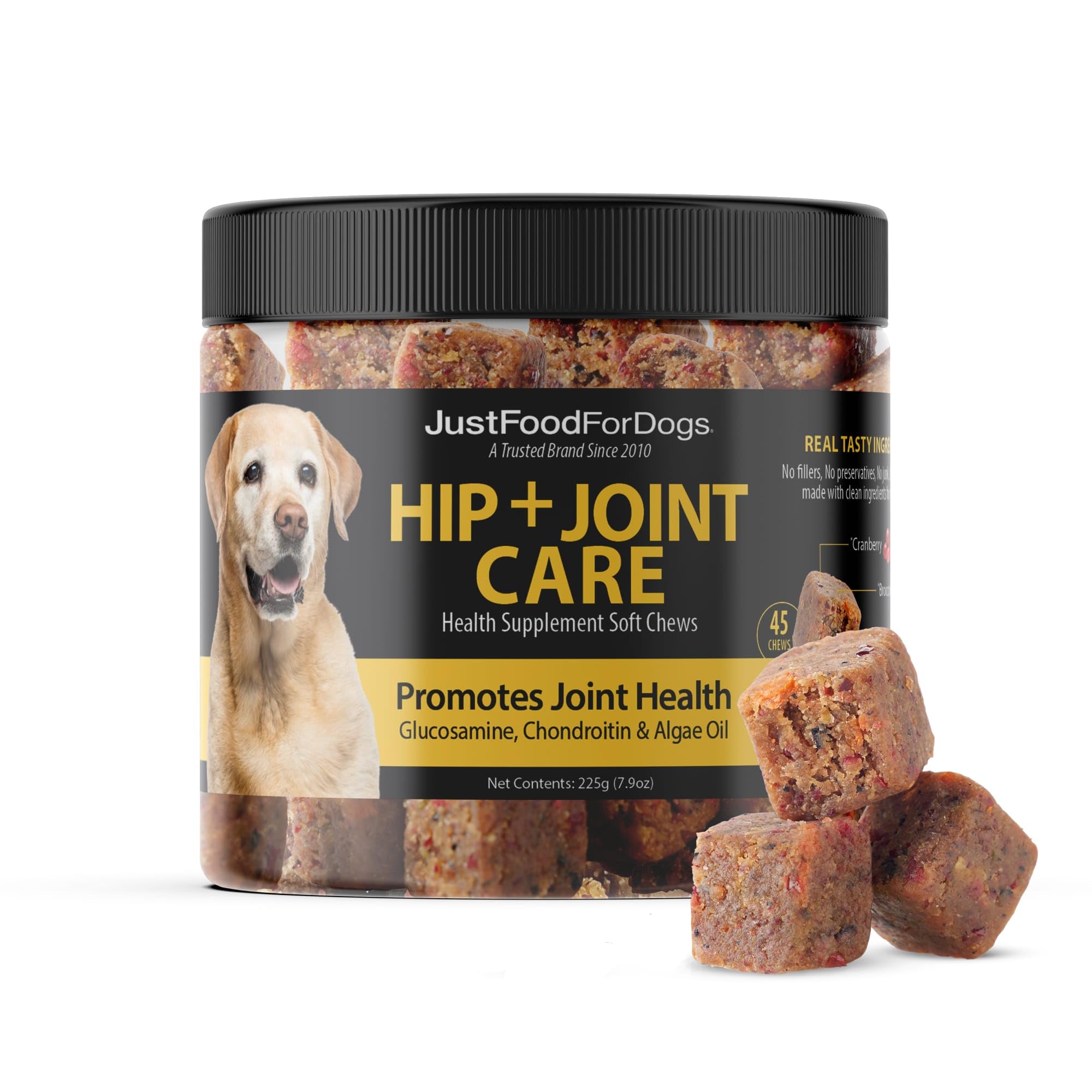 JustFoodForDogs emballage avant Hip & Joint montrant le format 45ct et l'objectif mobilité