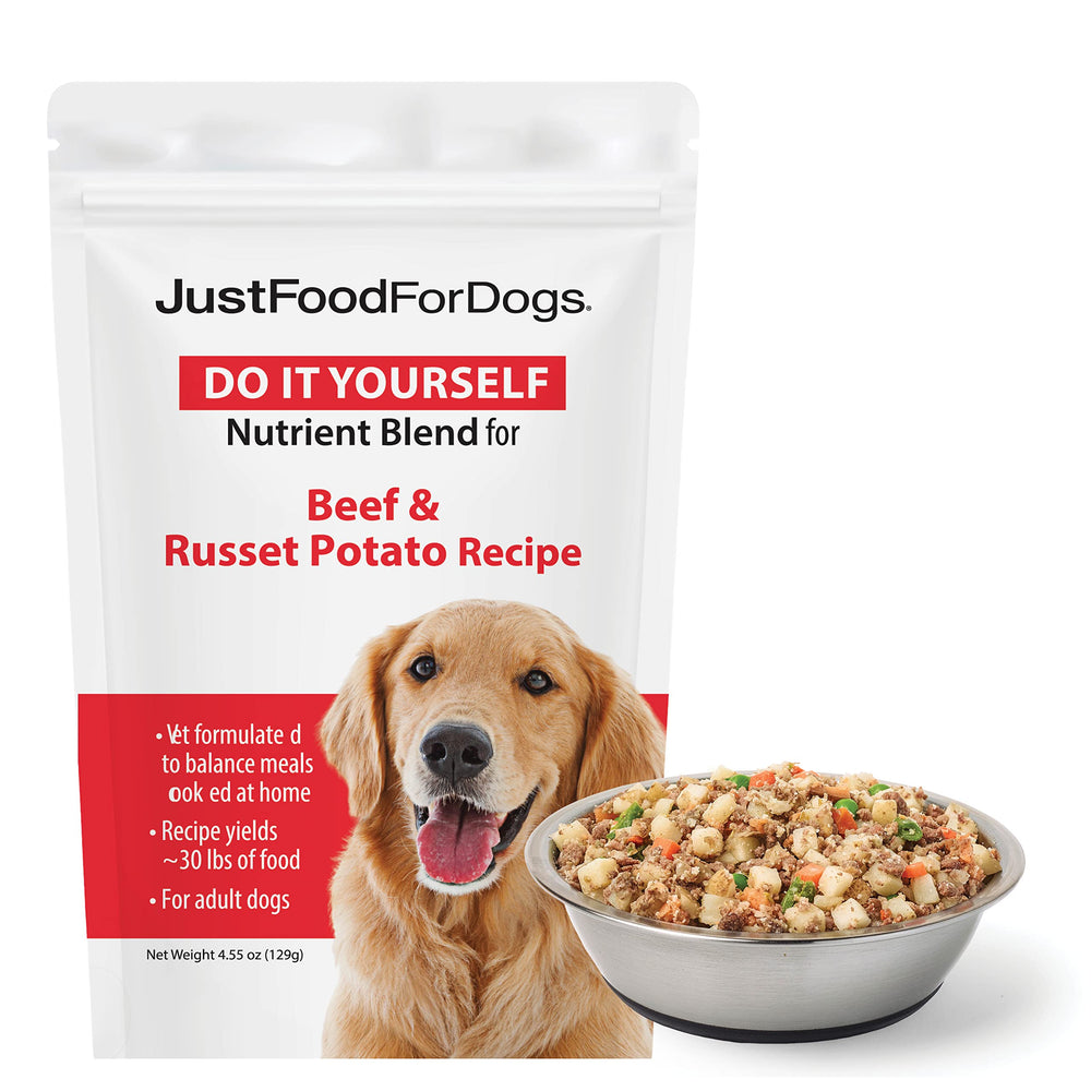 JustFoodForDogs emballage avant montrant le produit et bénéfice préparation guidée