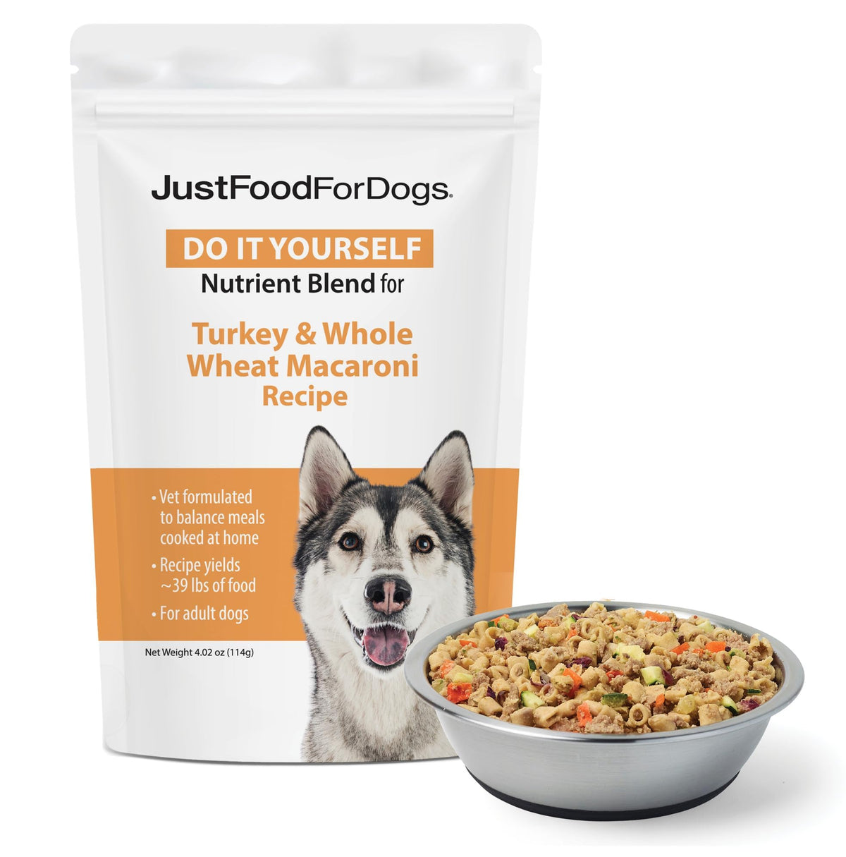 JustFoodForDogs emballage avant montrant le nom et bénéfice nutritionnel