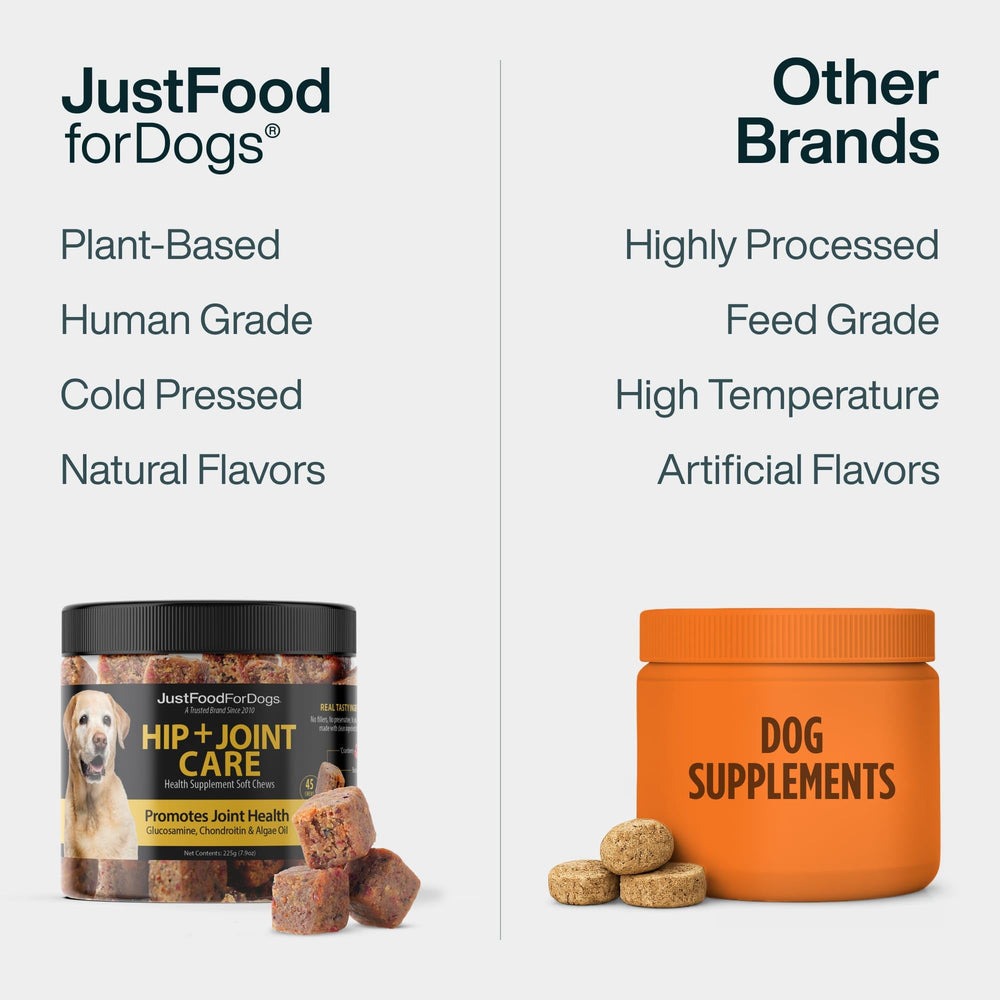 JustFoodForDogs étiquette lisible avec glucosamine chondroïtine et huile d'algue