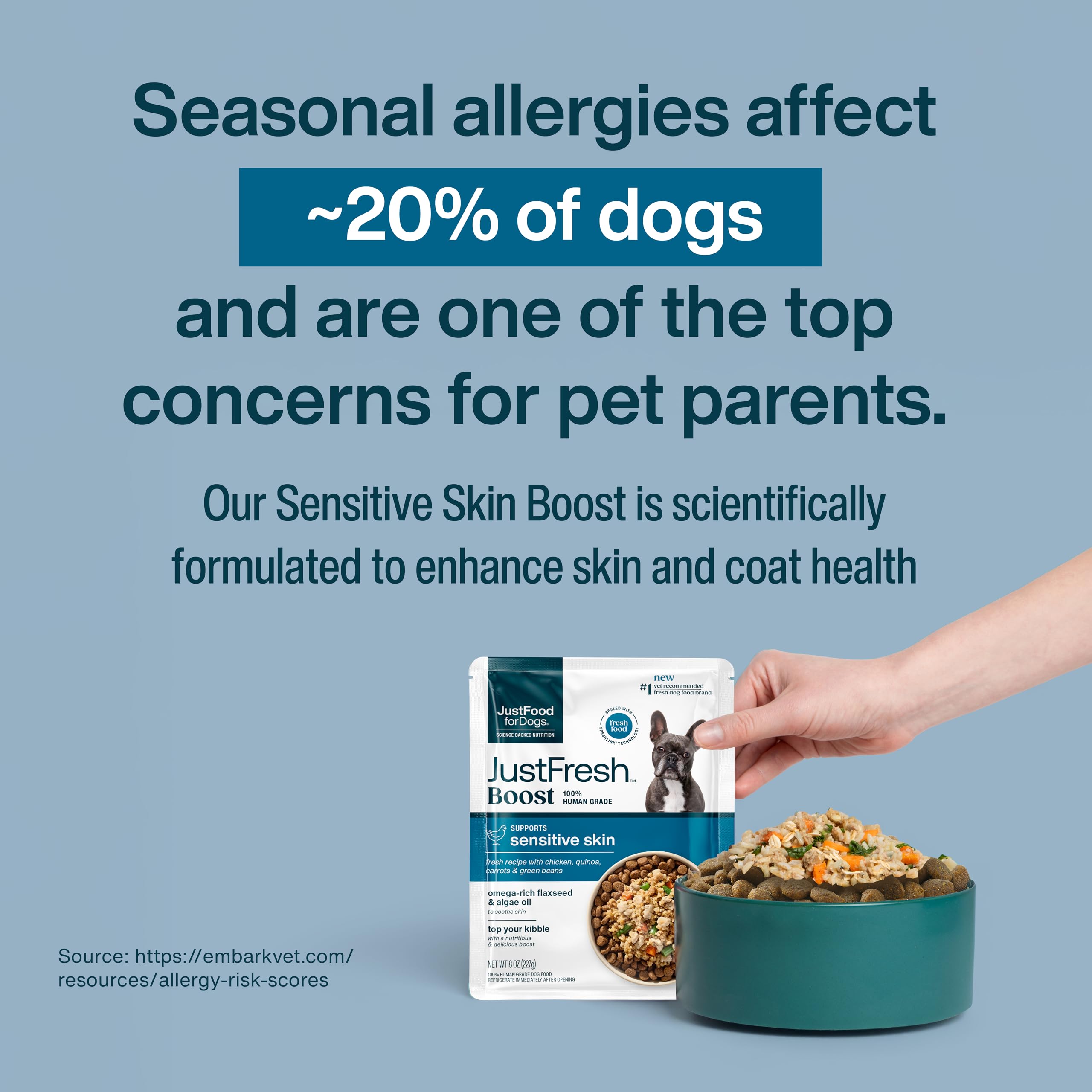 JustFoodForDogs texture ouverte du topper Sensitive Skin illustrant l'appétence et humidité naturelle