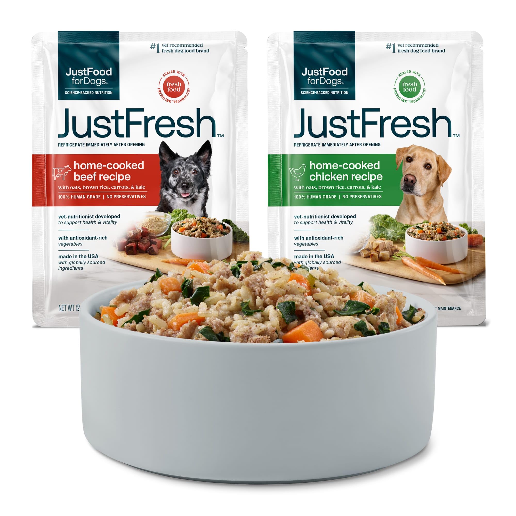 JustFoodForDogs packaging avant montrant sachet et bénéfice fraîcheur