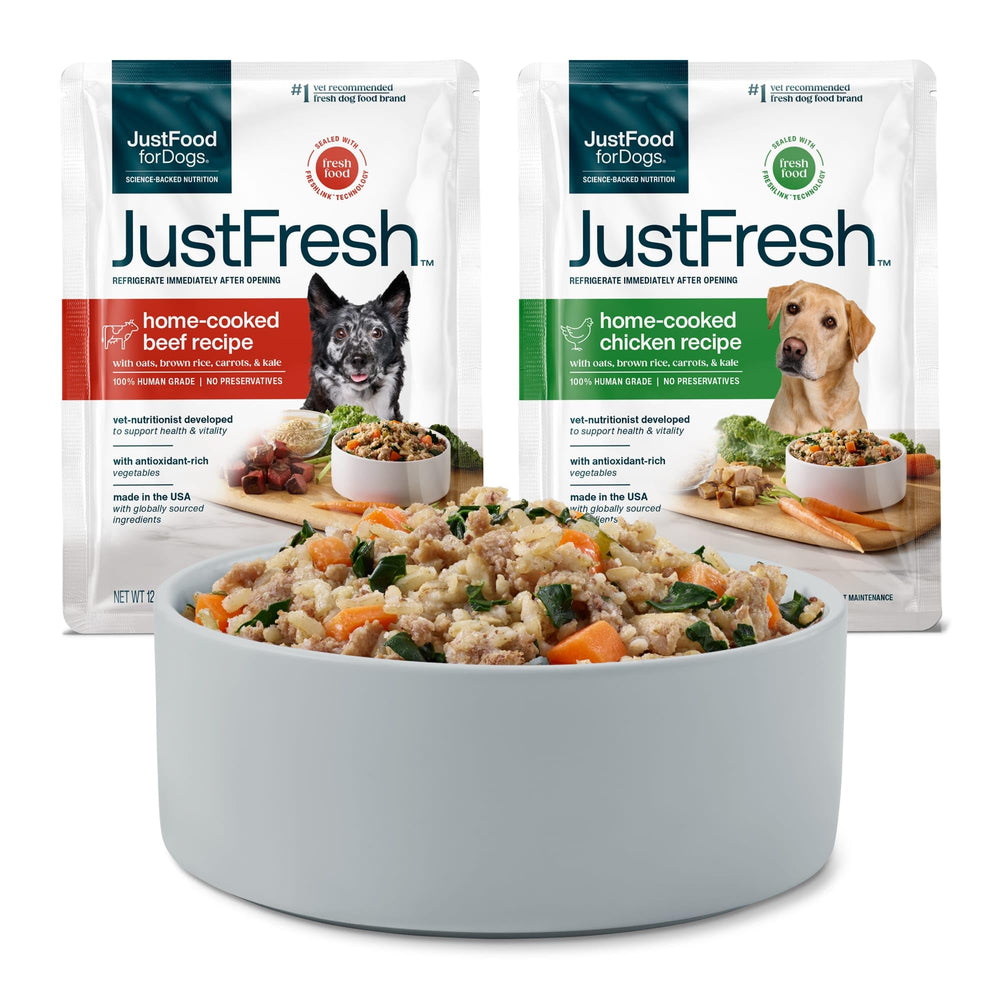 JustFoodForDogs packaging avant montrant sachet et bénéfice fraîcheur