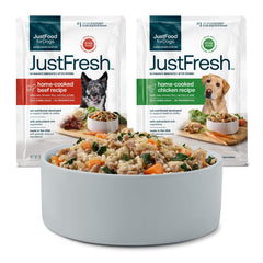 JustFoodForDogs packaging avant montrant sachet et bénéfice fraîcheur