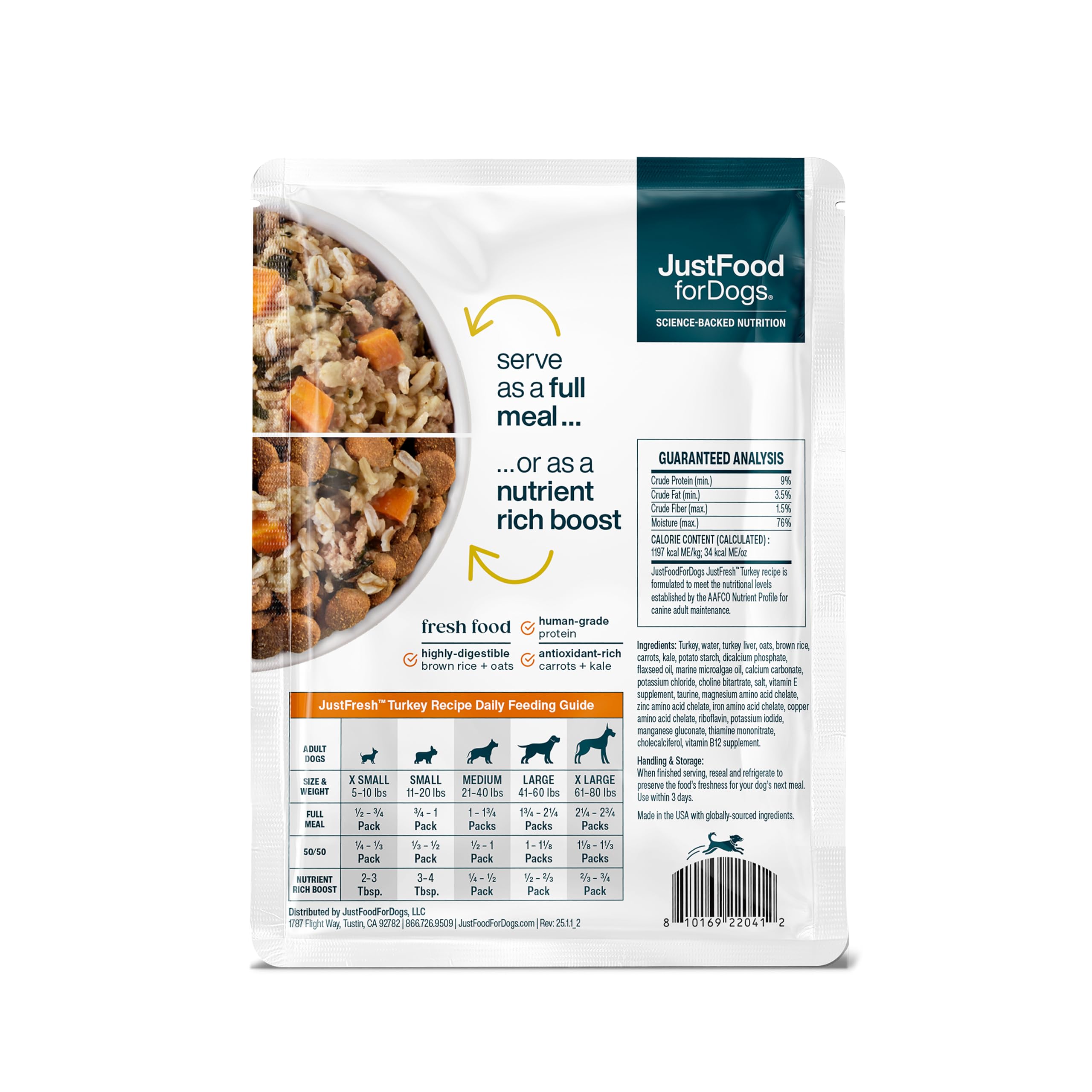 JustFoodForDogs sachet ouvert montrant texture douce appétissante