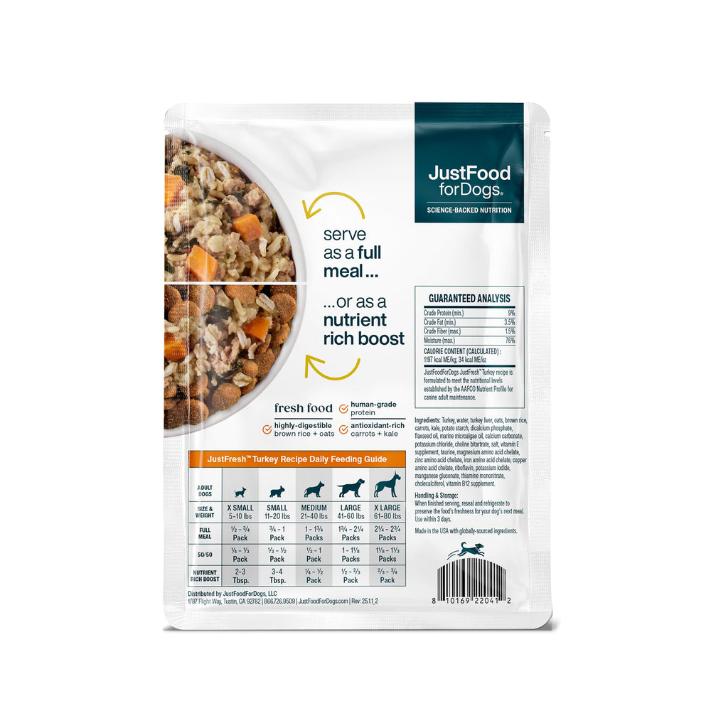 JustFoodForDogs sachet ouvert montrant texture douce appétissante
