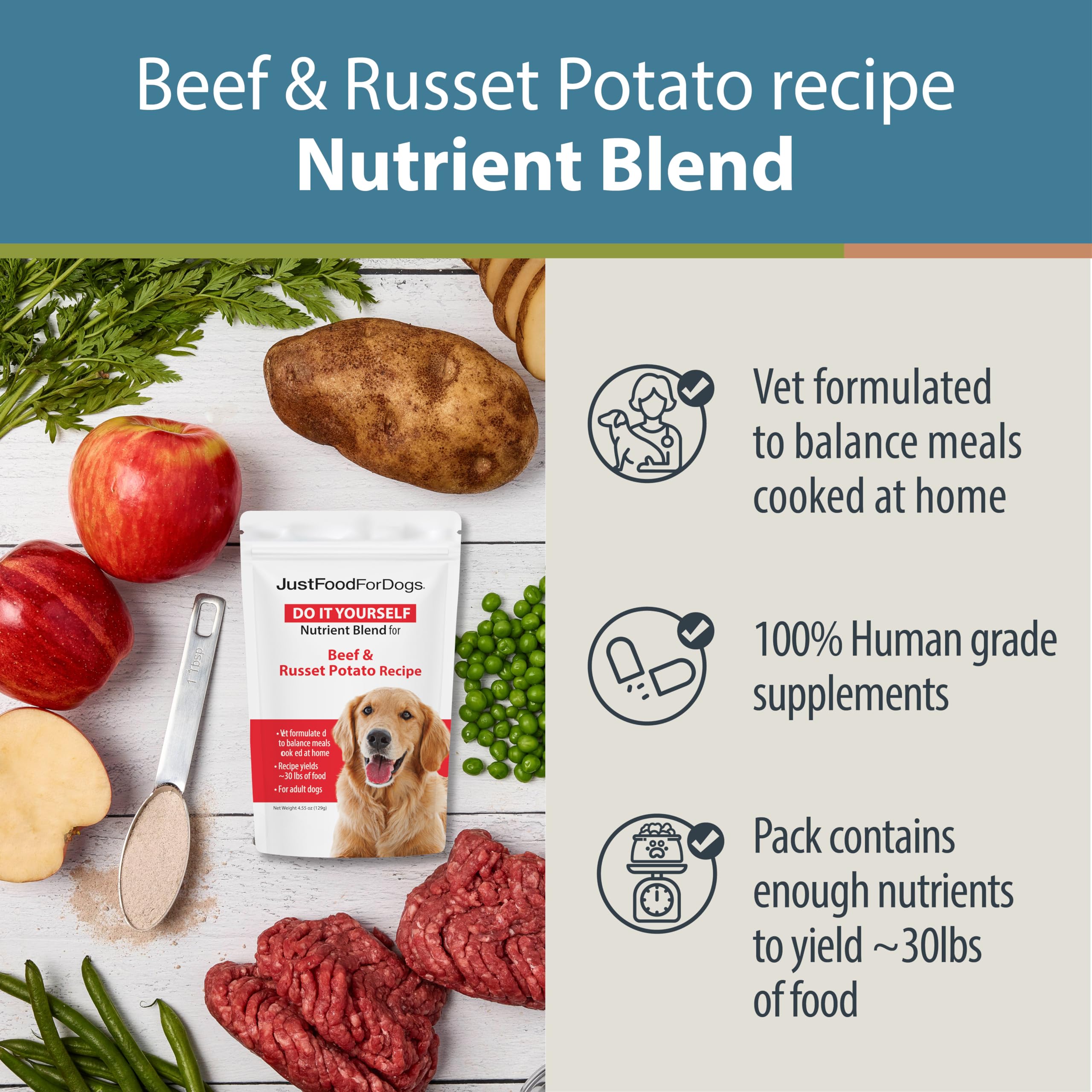 JustFoodForDogs mélange granuleux gros plan montrant texture et bénéfice dosage précis