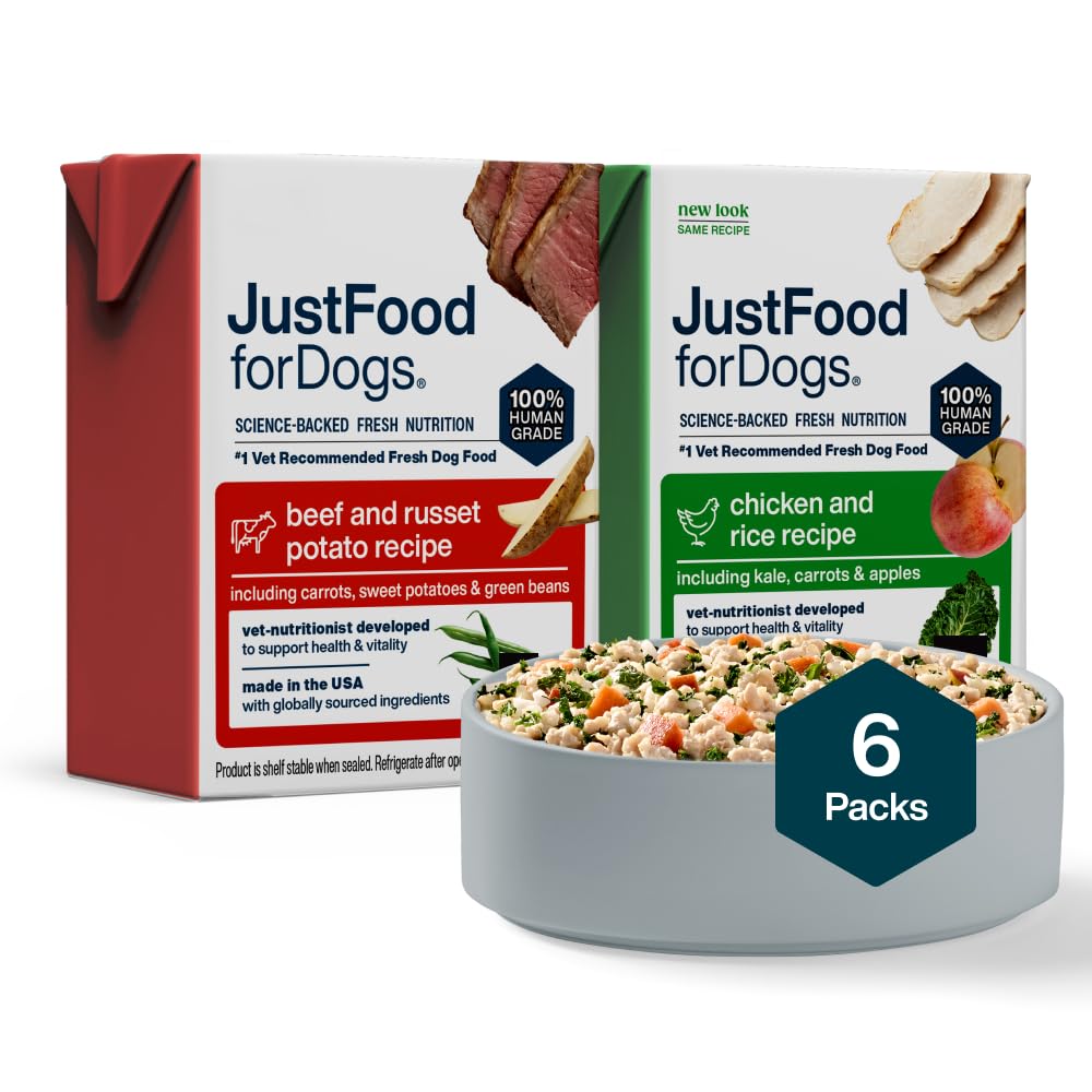 JustFoodForDogs emballage avant montrant pack varié, praticité pour stockage