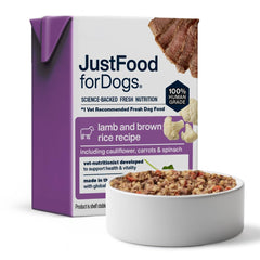 JustFoodForDogs face du paquet Agneau & Riz Brun montrant le format pratique