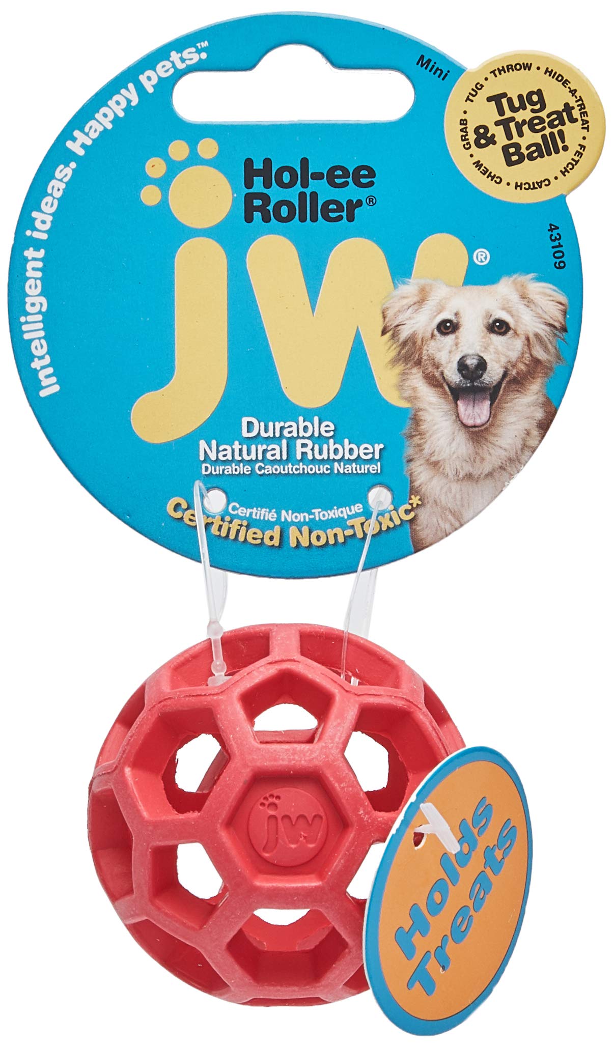 JW balle Mini Hol-ee Roller gros plan sur texture perforée, durable et souple