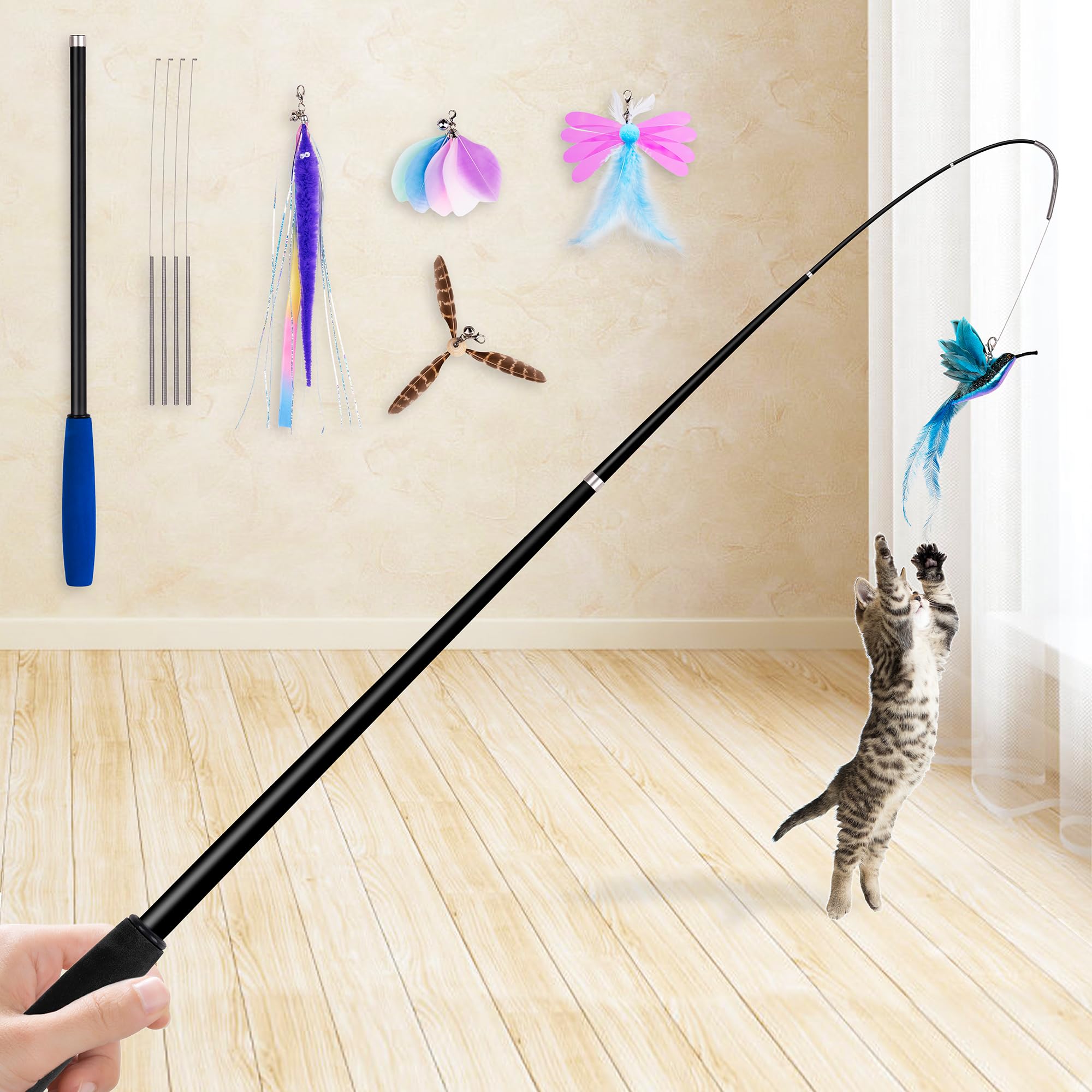 JXFUKAL canne à chat emballage montrant la longueur et l'accessoire, divertissement sécurisé