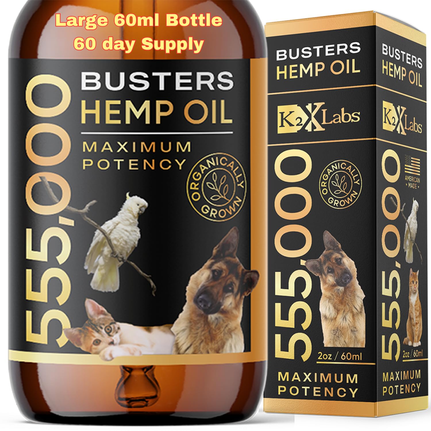 K2xLabs Buster's vue frontale du flacon montrant la marque et l'usage calmant