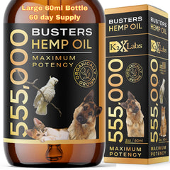 K2xLabs Buster's vue frontale du flacon montrant la marque et l'usage calmant
