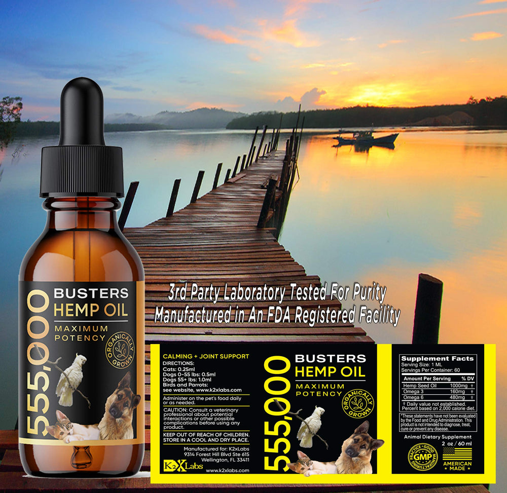K2xLabs Buster's huile utilisée avec chien et chat montrant bien-être quotidien
