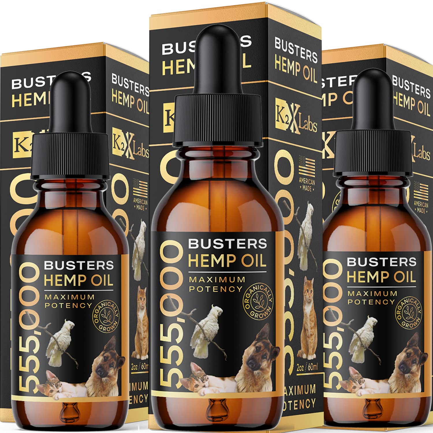 K2xLabs Buster's emballage face montrant le pack trois flacons, praticité