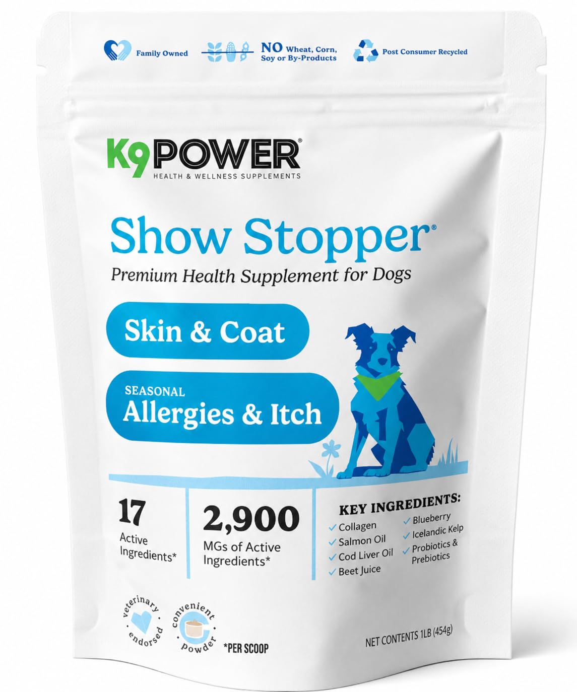 K9 Power emballage avant montrant le nom et bénéfice pelage brillant