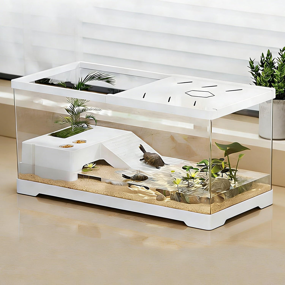 KAKOOTI aquarium frontal blanc montrant visibilité et économie d'espace