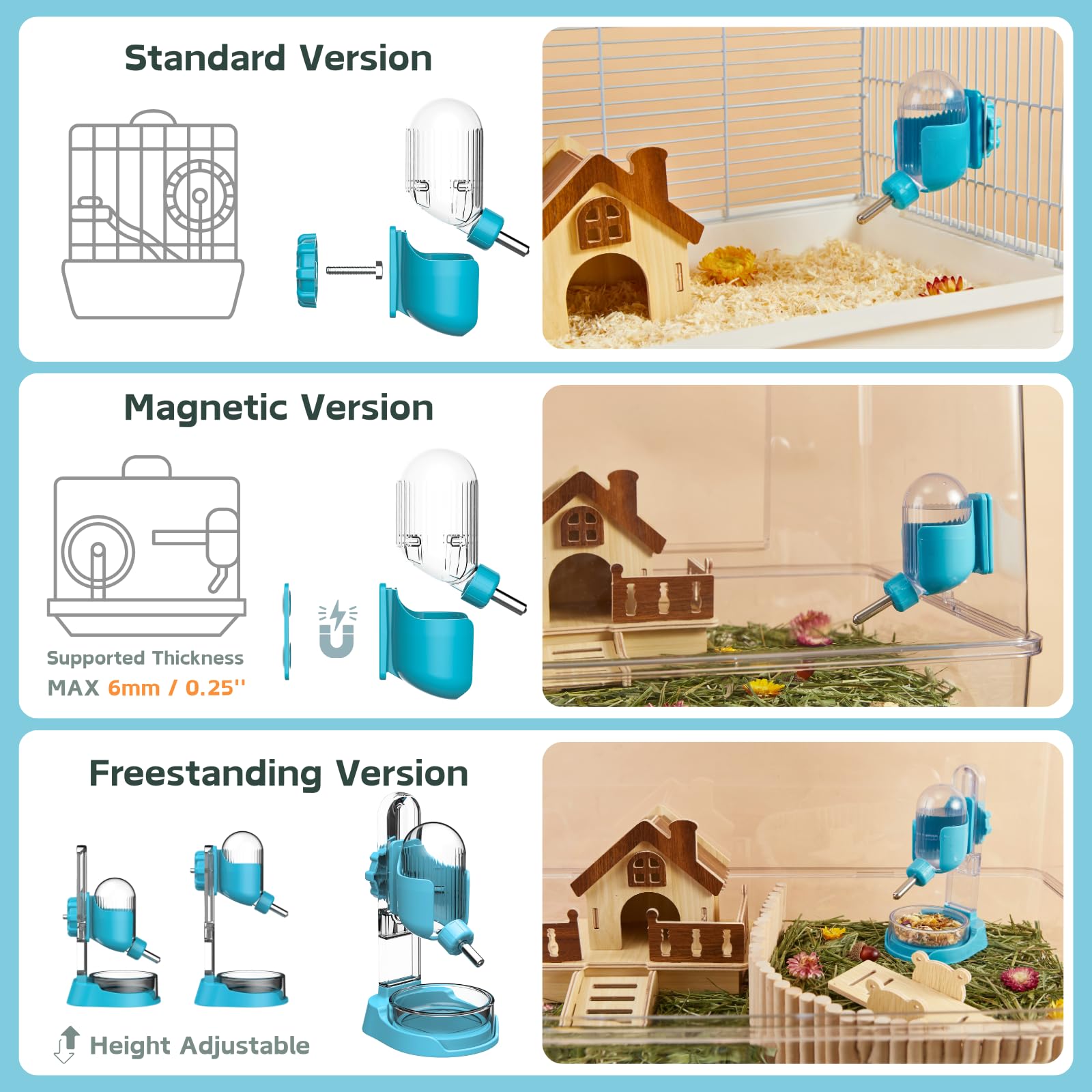 Kassiva abreuvoir en usage dans cage montrant l'animal s'hydratant proprement