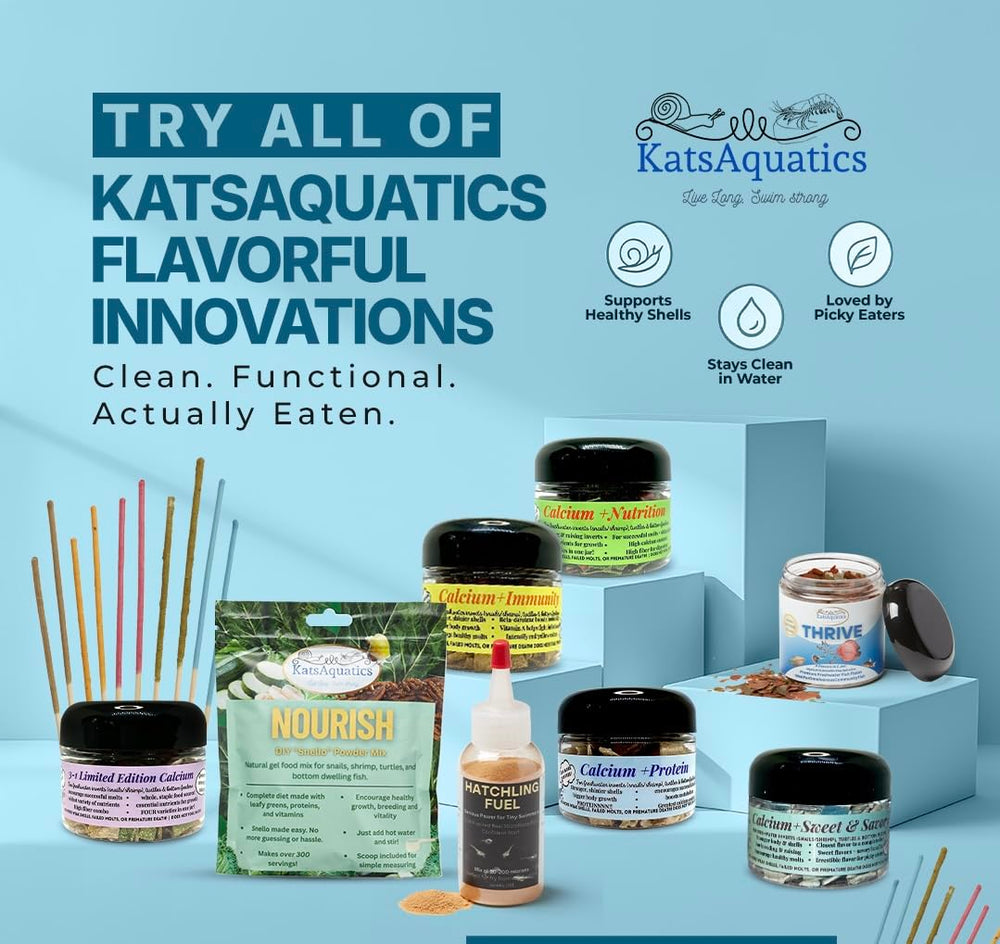 KatsAquatics ingrédients étalés montrant légumes, spiruline et calcium efficaces