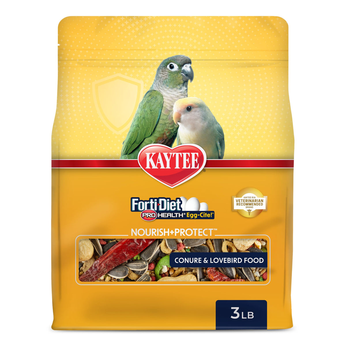 Kaytee emballage avant montrant la formule Egg-Cite pour conure et inséparable, nutrition complète