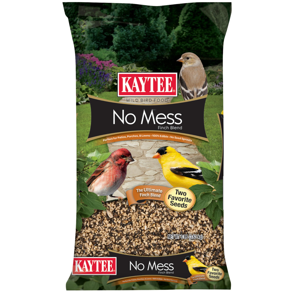 Kaytee emballage avant 8 lb montrant mélange no mess, solution pratique pour attirer les finches