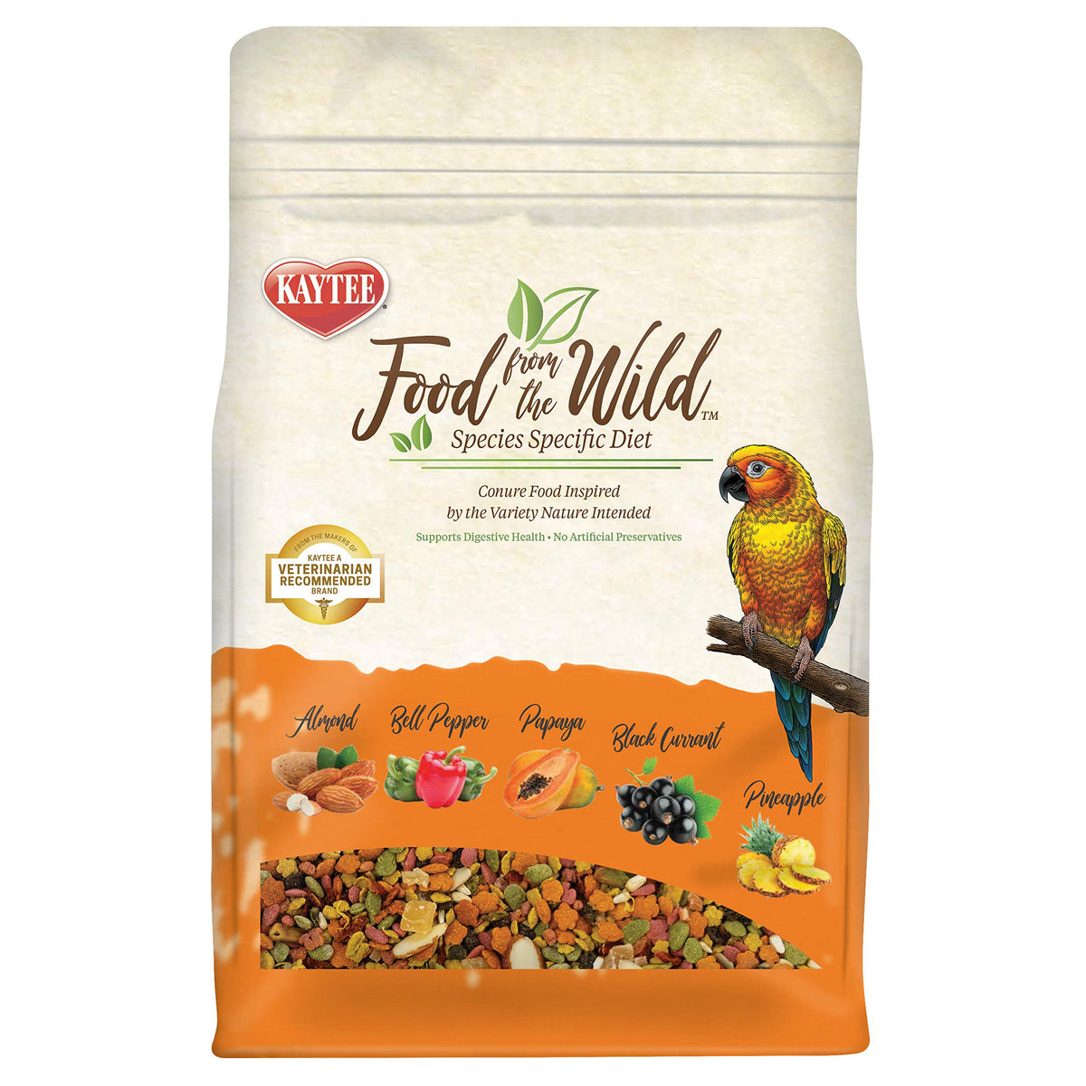 Kaytee emballage avant montrant mélange pour conures et bénéfice nutritionnel