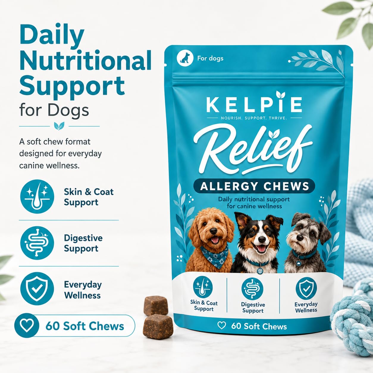 Kelpie Allergy chien mange une pastille soulignant acceptation et facilité