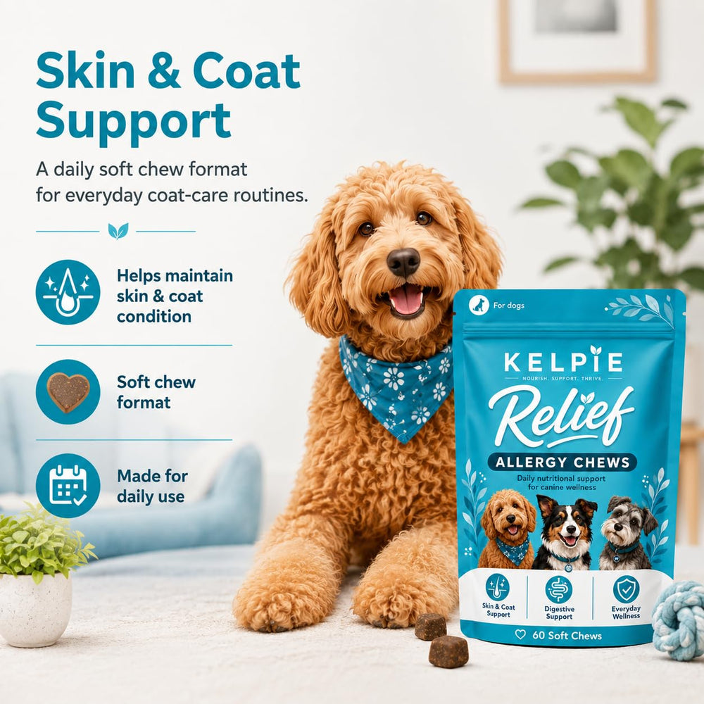 Kelpie Allergy étiquette ingrédients montrant composition pour peau et digestion