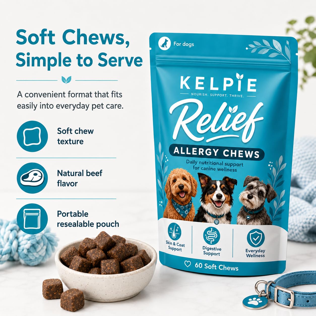 Kelpie Allergy pastille dans la main pour montrer administration simple et sûre