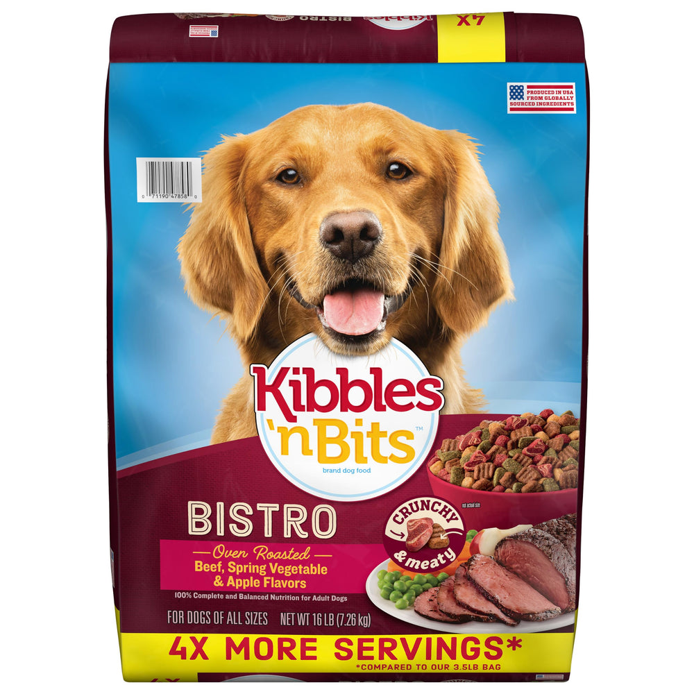 Kibbles 'n Bits sac 16 lb montrant l'emballage bistro et la praticité