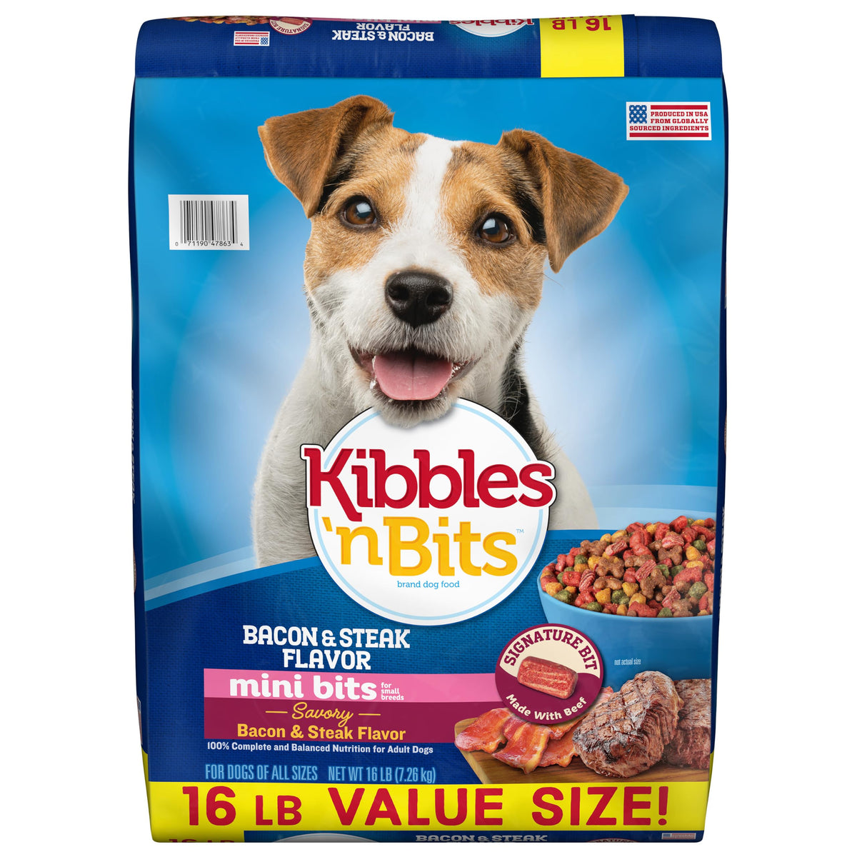 Kibbles 'n Bits sac devant montrant emballage pratique et quantité