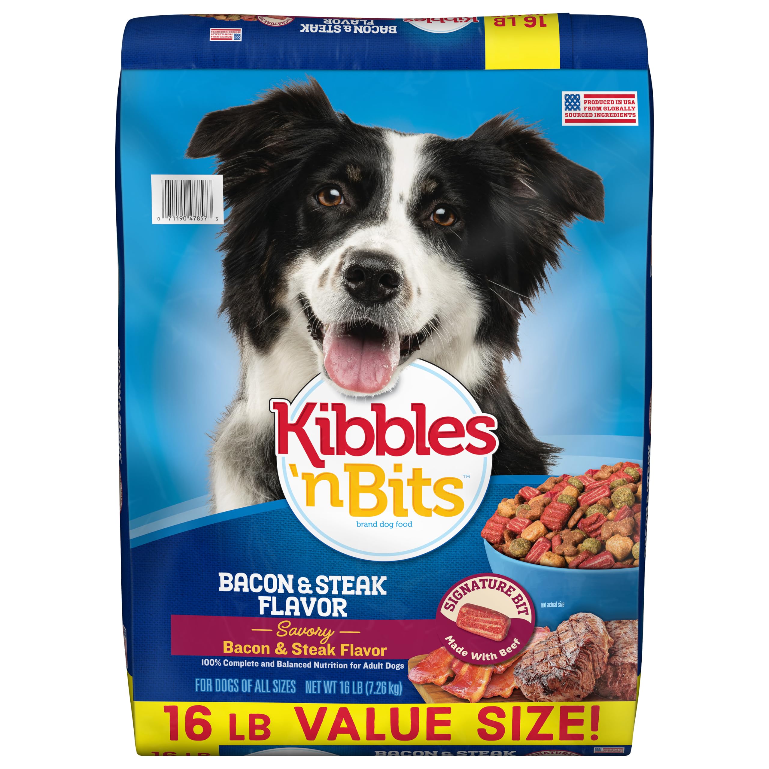 Kibbles 'n Bits emballage avant montrant saveur bacon et steak, attirant
