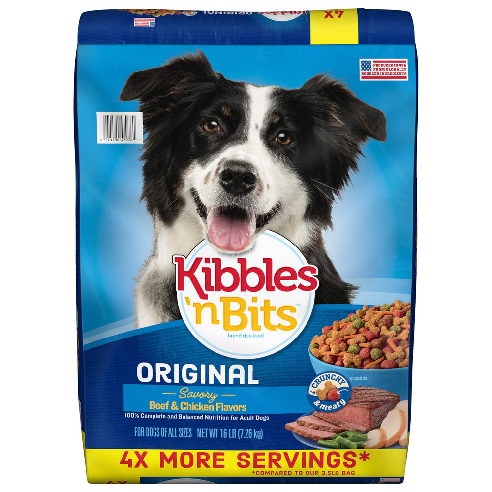 Kibbles 'n Bits emballage avant montrant le sac et bénéfice appétence
