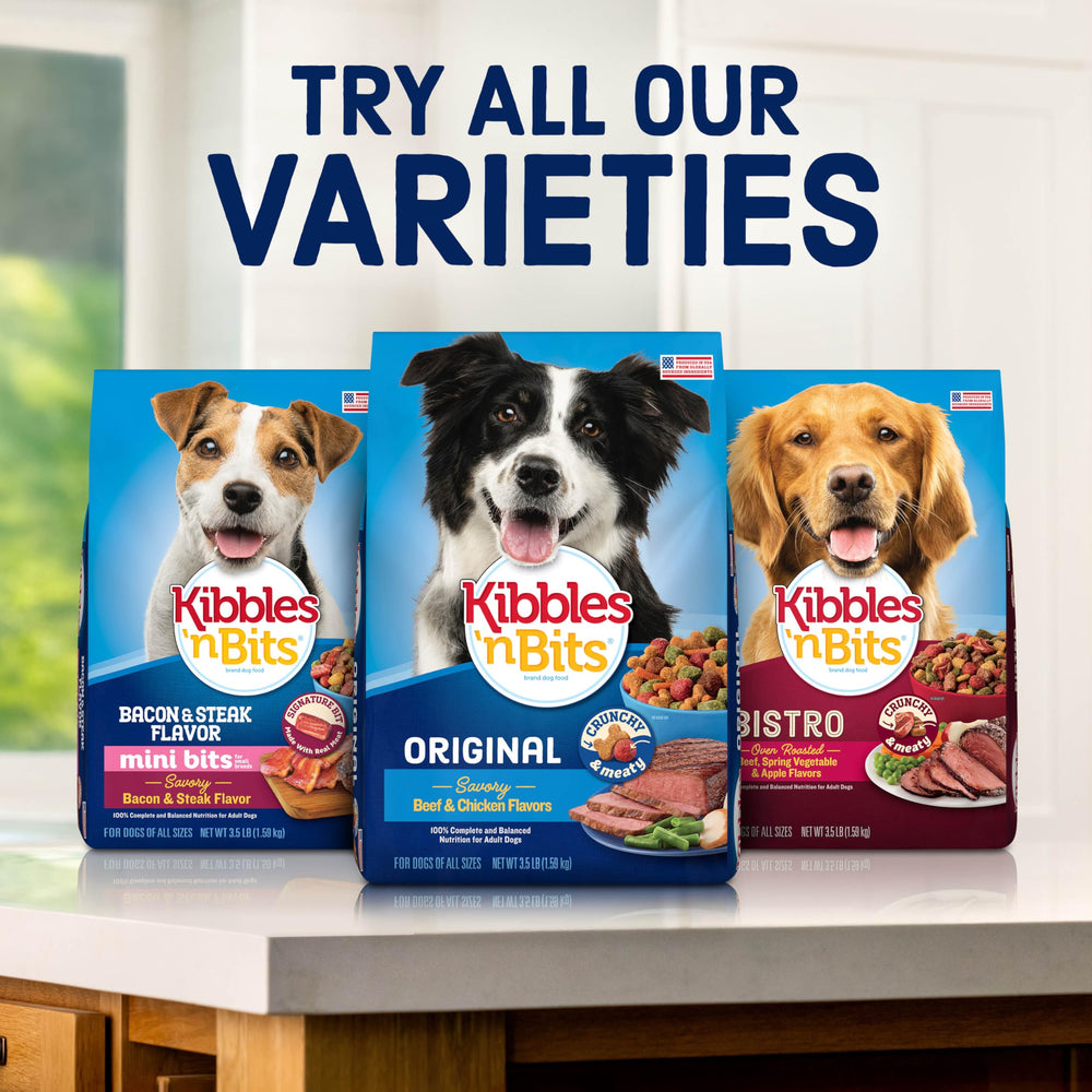 Kibbles 'n Bits sac ouvert montrant fraîcheur et conservation facile