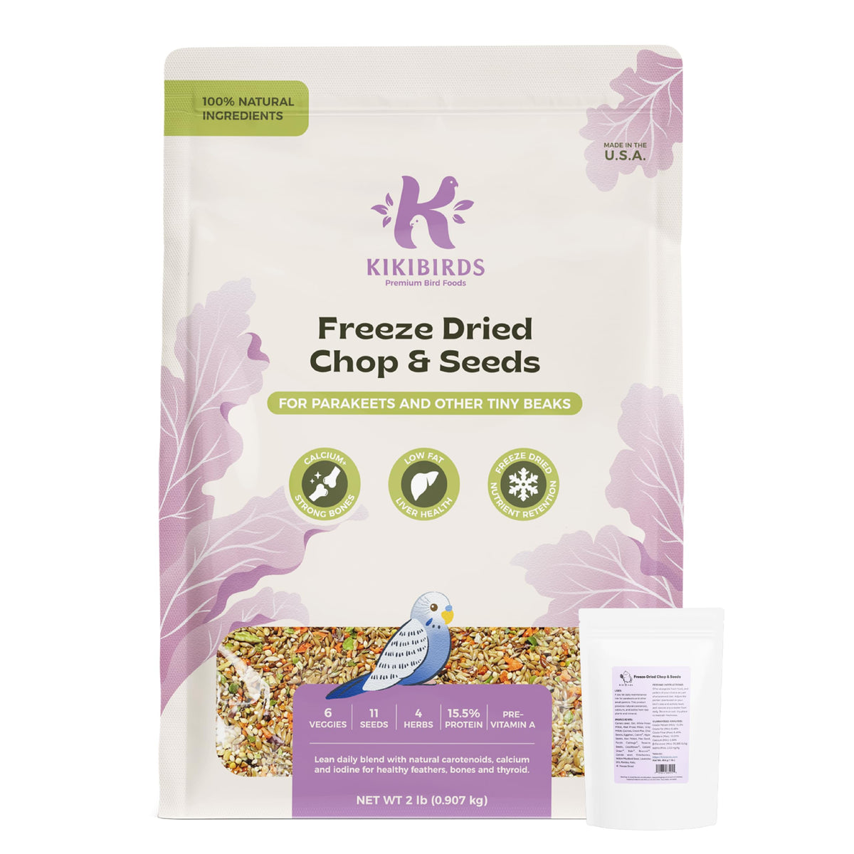 KikiBirds emballage avant montrant le sac refermable et bénéfice fraîcheur
